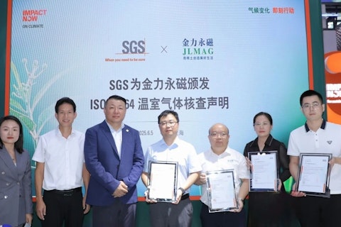 SGS为金力永磁颁发ISO 14021循环材料验证声明及ISO 14064温室气体核查声明