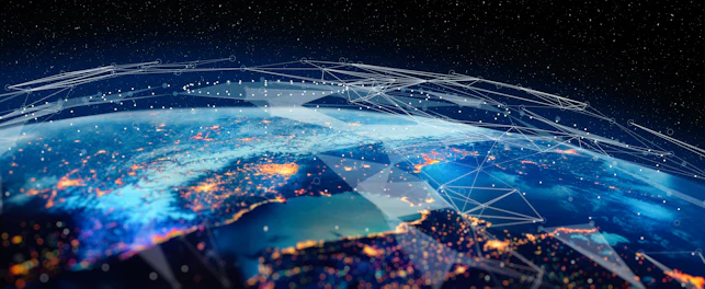 Earth from space with illuminated city lights and glowing network-like patterns overlaid, symbolizing global digital connectivity and data exchange