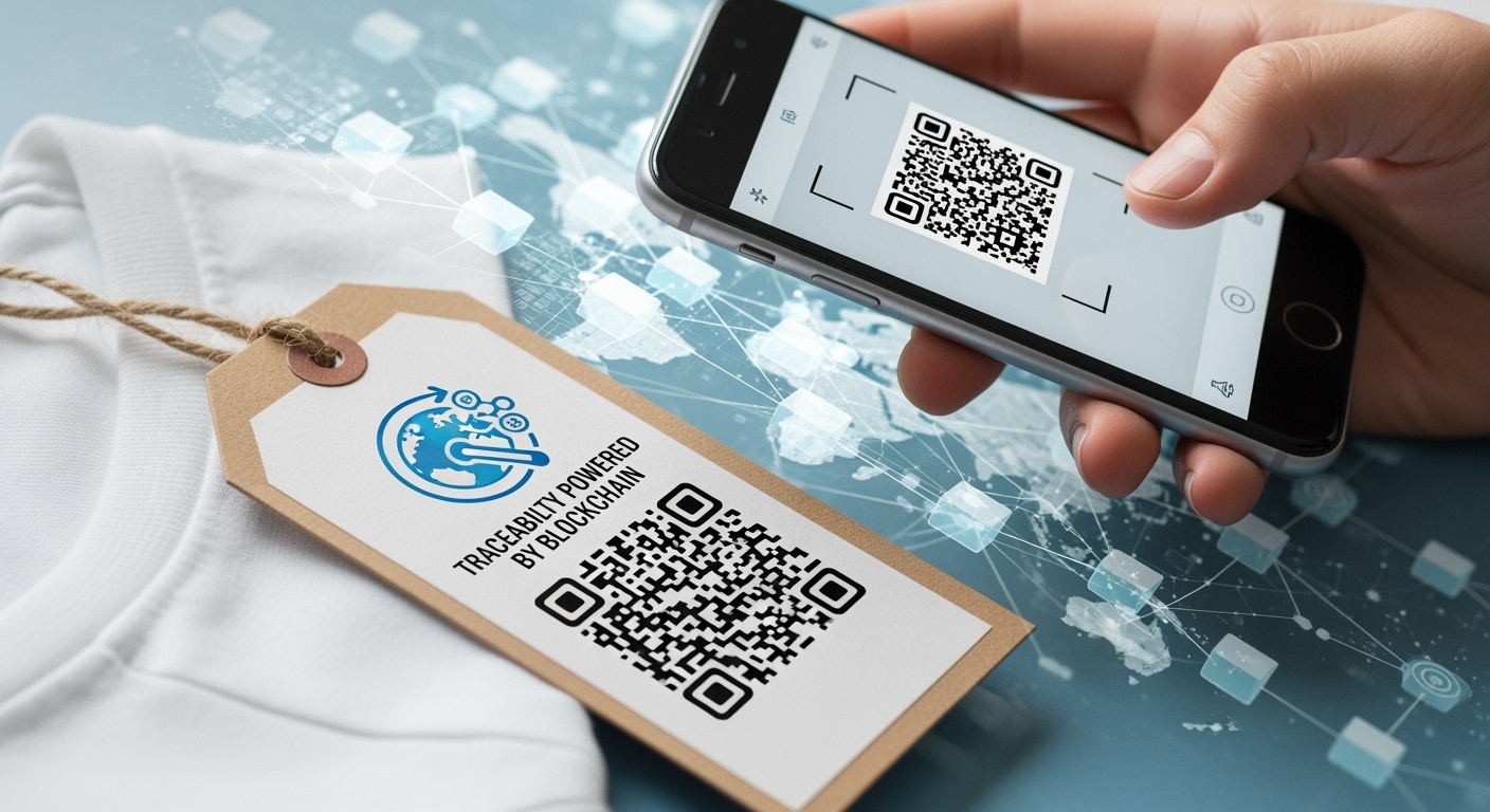 A hand using a smartphone to scan a QR code on a clothing tag labelled “TRACEABILITY POWERED BY BLOCKCHAIN,” illustrating digital product tracking.