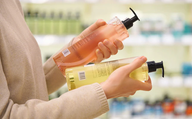 洗剤製品をチェックする女性
