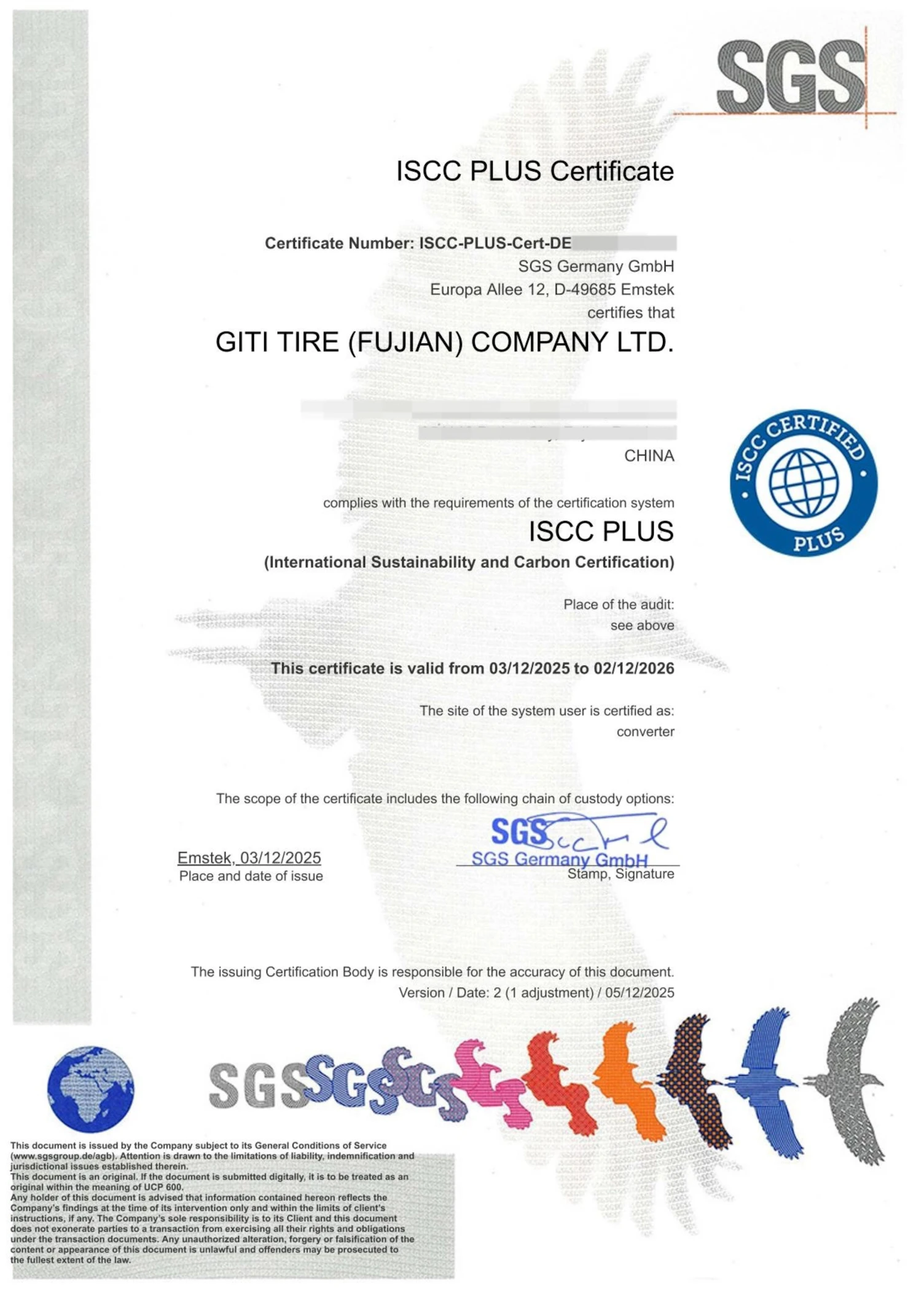佳通轮胎 ISCC PLUS 认证证书