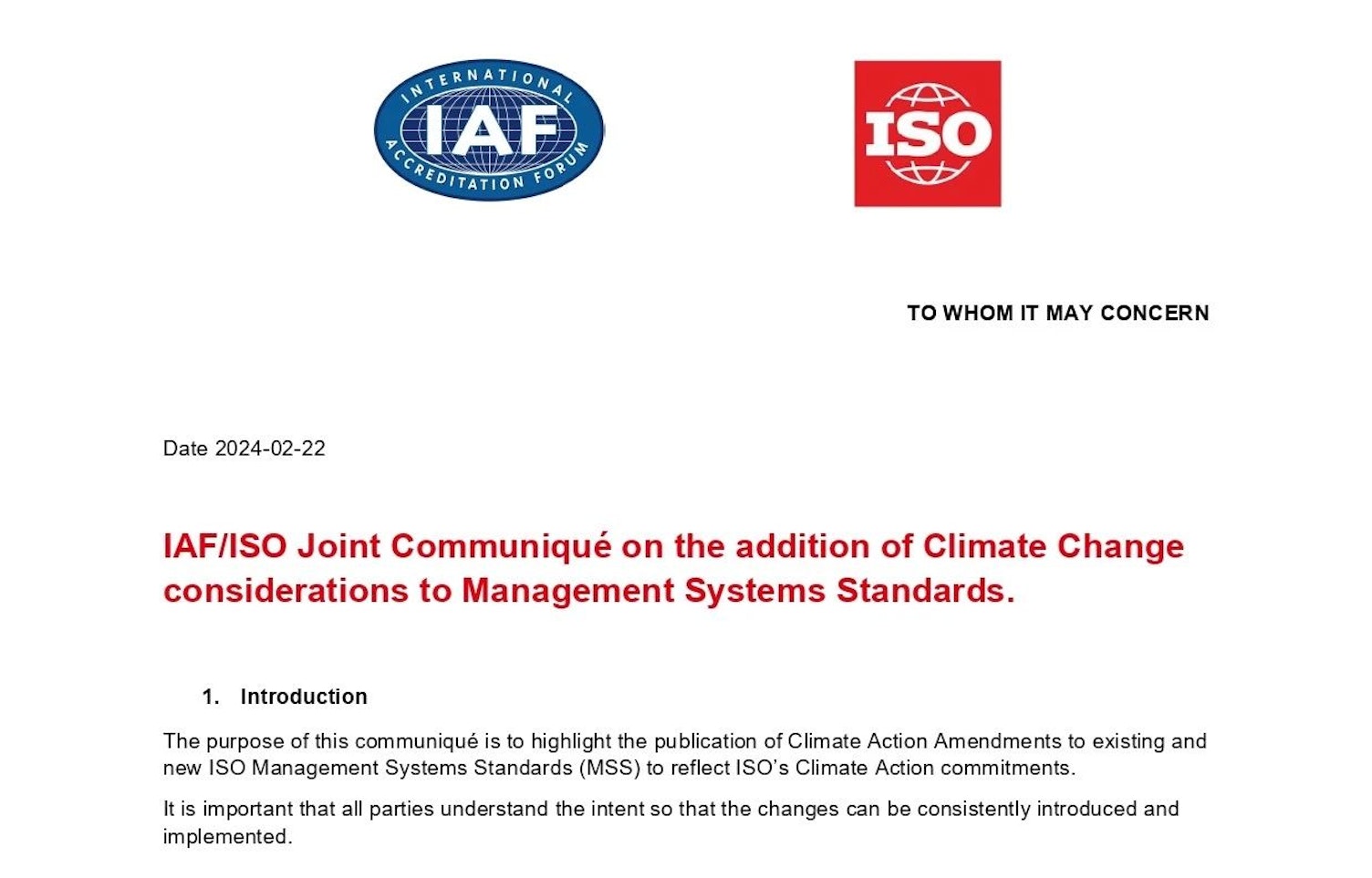 IAF/ISO联合公告！ ISO众多管理体系标准迎来新变化：增加气候变化考虑因素