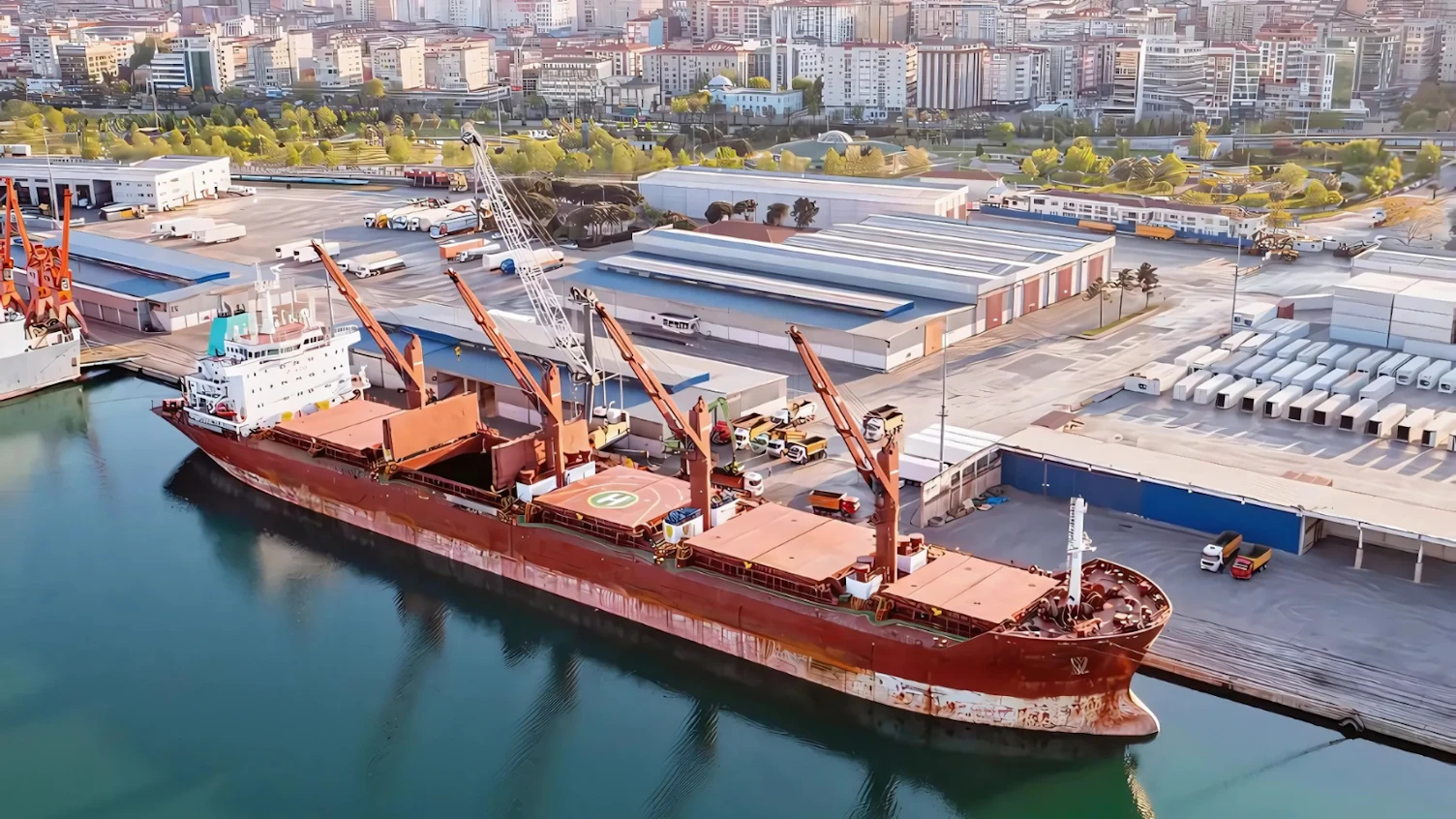 Aerial View of a Cargo Ship in Port