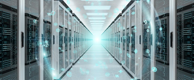 Digital White Earth Network Flying Over Server Room