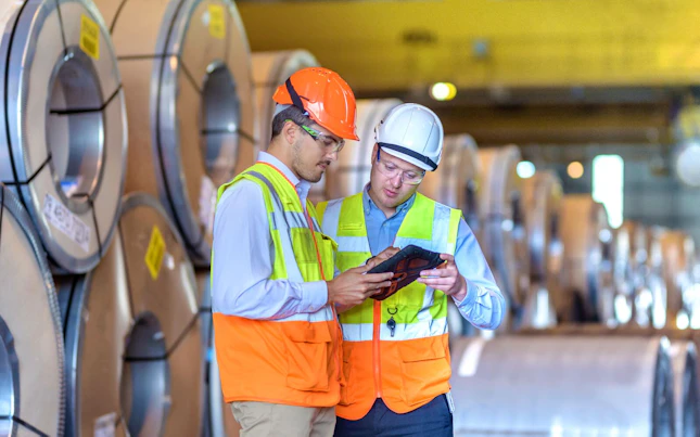 Inspector Using Digital Tablet at Steel Sheet Factory